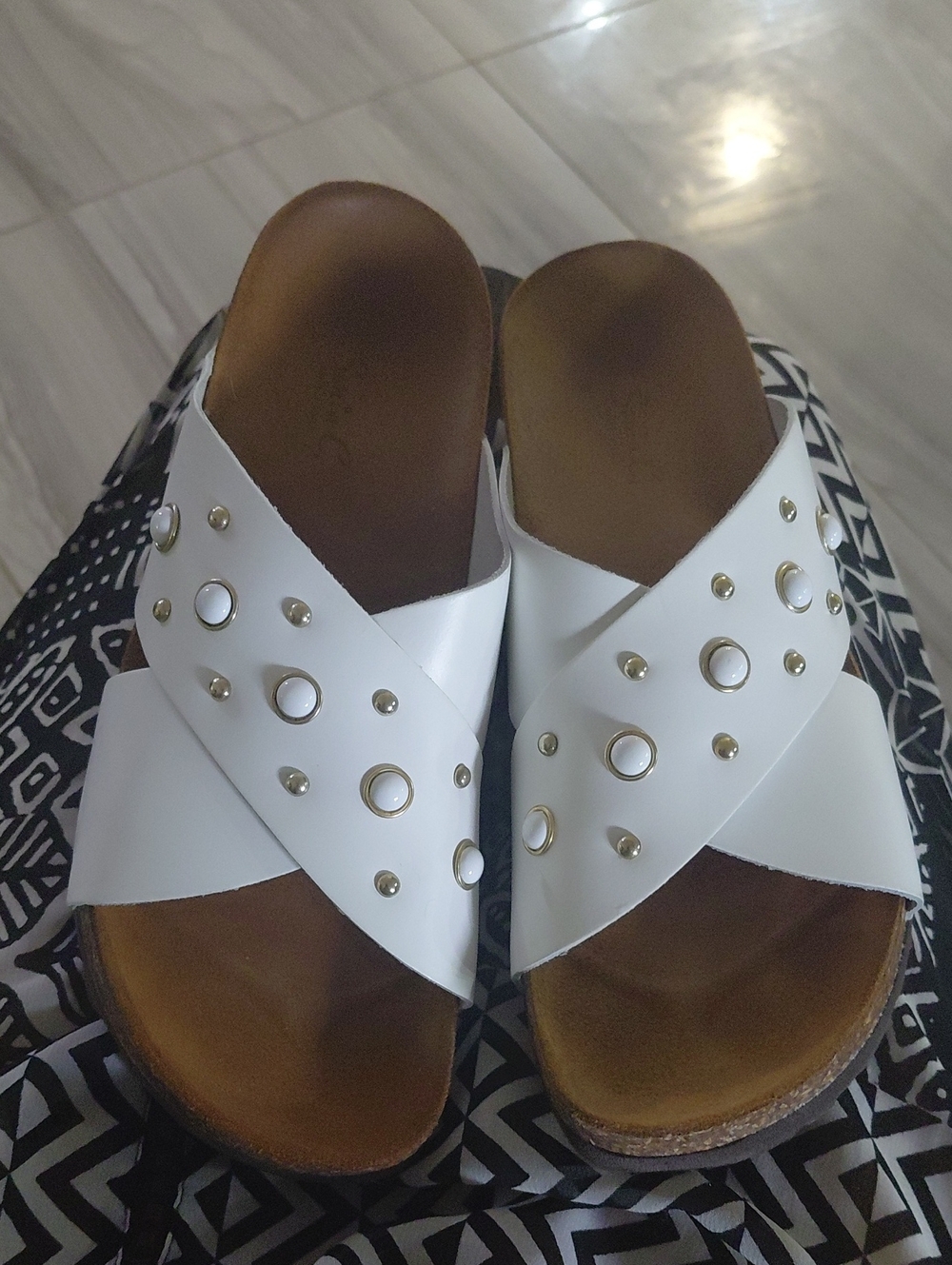 Real Leather White Crisscross Stud Slide Sandals